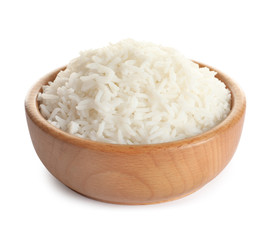 Fototapeta na wymiar Bowl of tasty cooked rice on white background