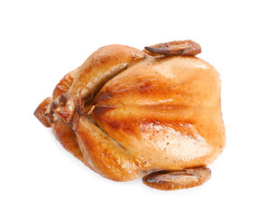 Delicious cooked whole turkey on white background, top view