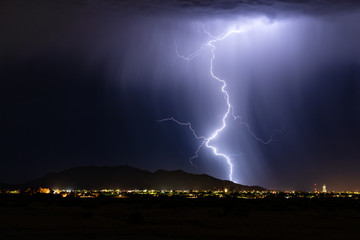 Lightning strike in a thunderstorm over a city