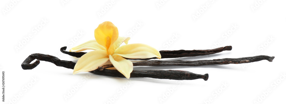 Poster Aromatic vanilla sticks and flower on white background