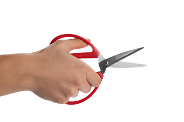 Man holding pair of sewing scissors isolated on white, closeup