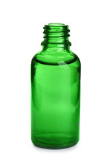 Little glass bottle with essential oil on white background