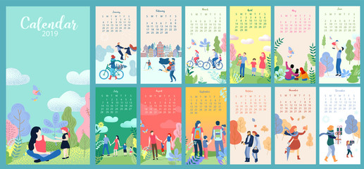 Colorful calendar for 2019 year in flat style. Week starts from Sunday. - obrazy, fototapety, plakaty