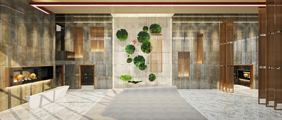 3d render luxury hotel entrance reception and lobby
