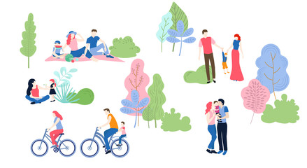 Hello summer. People with kids spend weekend outdoors, walking in city park.