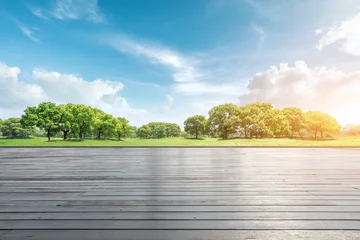 Fototapeten Empty wooden road and green forest natural landscape © ABCDstock