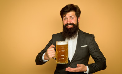 The celebration oktoberfest festival concept. Beer. Retro advertising of alcoholic beverages. Beard man drinking beer from a beer mug.