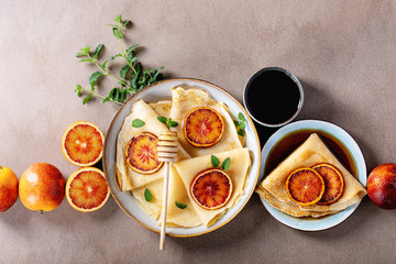 Homemade pancakes with blood oranges