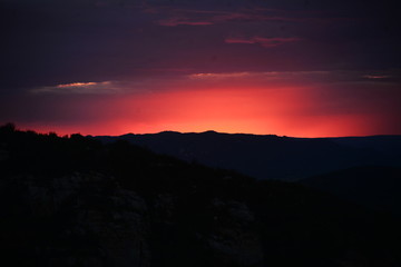 sunset in mountains, natural landscape, red sky, dark sky, black mountain, horizon line, photo panel