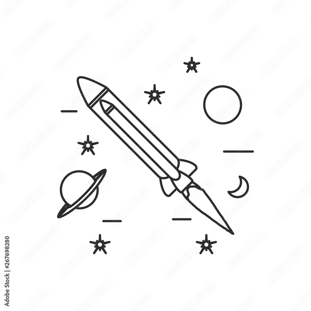 Poster rocket startup with planet saturn and set icons