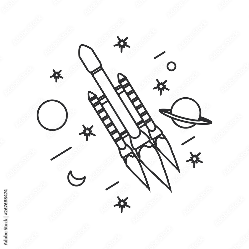 Poster rocket startup with planet saturn and set icons