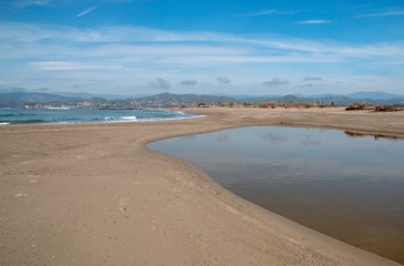 Sandbar where the Pacific and the Santa Clara river meet at Surfers Knoll beach in Ventura California United States