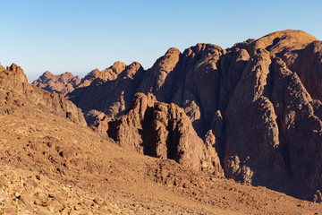 Egypt. Mount Sinai in the morning at sunrise. (Mount Horeb, Gabal Musa, Moses Mount). Pilgrimage place and famous touristic destination.