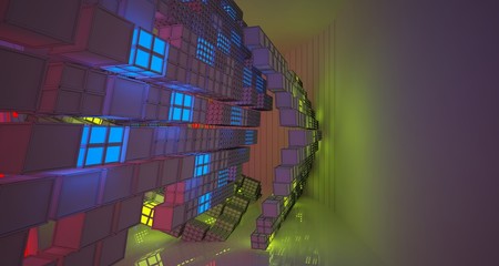 Abstract  Drawing Futuristic Sci-Fi interior With Red, Yellow And Blue Glowing Neon Tubes . 3D illustration and rendering.