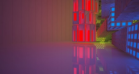 Abstract  Drawing Futuristic Sci-Fi interior With Red, Yellow And Blue Glowing Neon Tubes . 3D illustration and rendering.