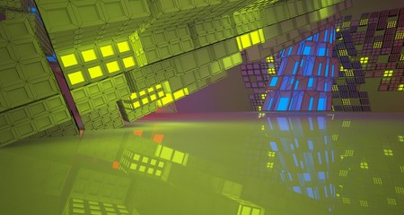 Abstract  Drawing Futuristic Sci-Fi interior With Red, Yellow And Blue Glowing Neon Tubes . 3D illustration and rendering.