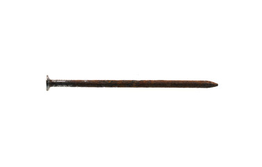 close up on single rustic steel nail isolated on white background