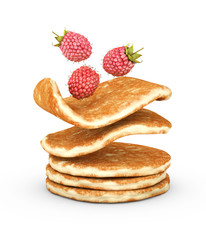 3d Illustration of pancake with fresh raspberries isolated on white background
