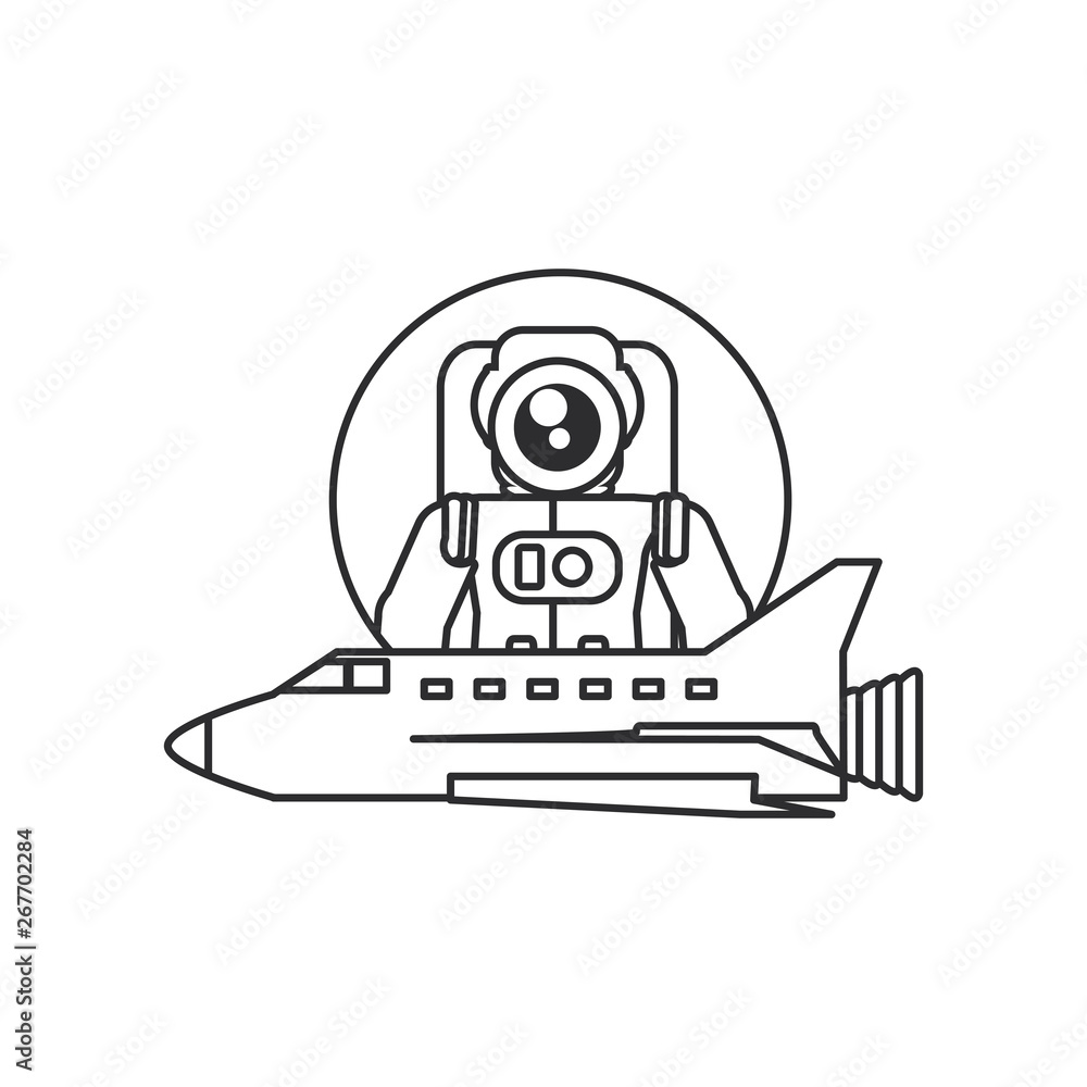 Poster astronaut suit in frame circular with space shuttle