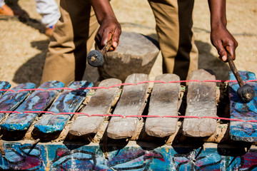 Traditional cultural heritage Mozambican wood xylophone like instrument known as mbila played with...
