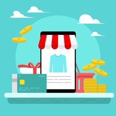 Flat vector illustration about mobile shopping.