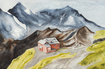 House on a hill among high mountains. Watercolor landscape with lonely house and mountains.
