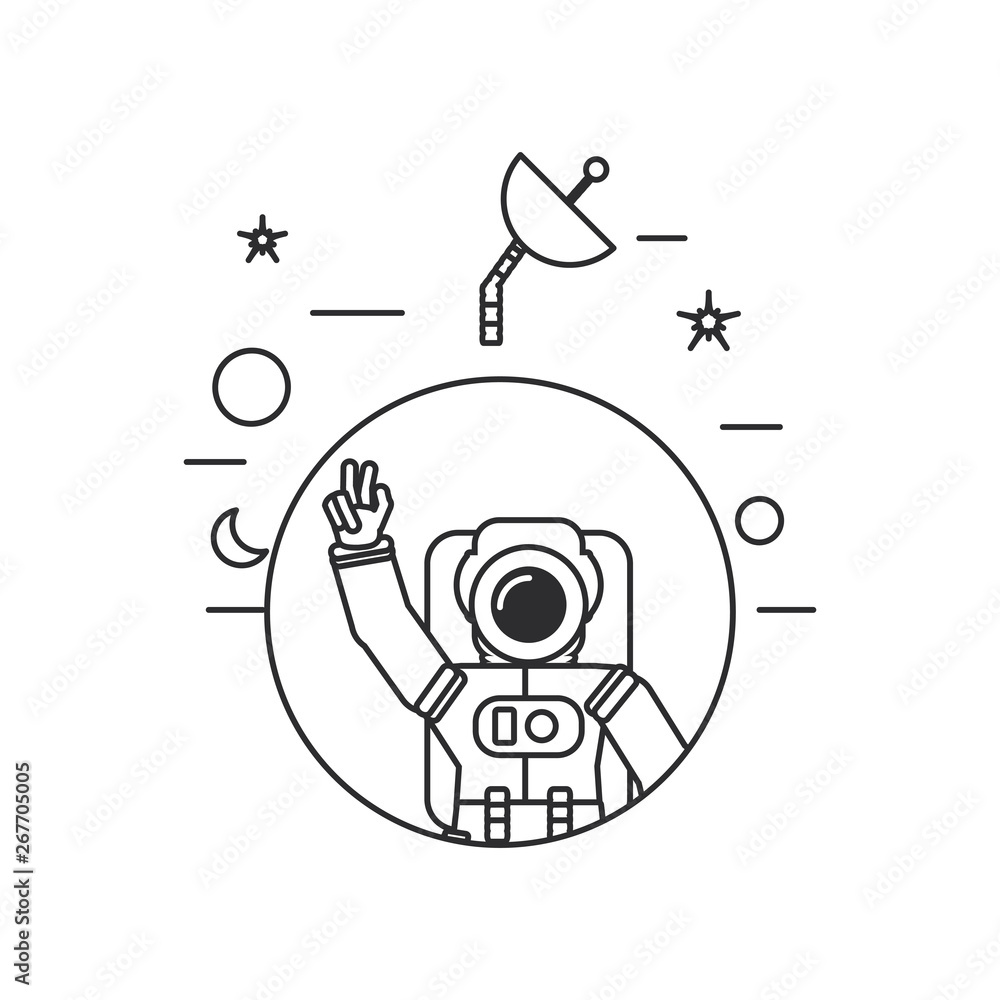 Poster astronaut suit greeting in frame circular with set icons