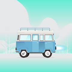 Van with on top of the roof on blue background. Vector. Illustrator