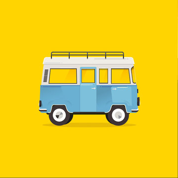 Van with on top of the roof on yellow background. Vector. Illustrator