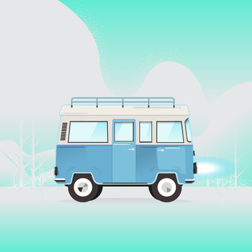 Van with on top of the roof on blue background. Vector. Illustrator