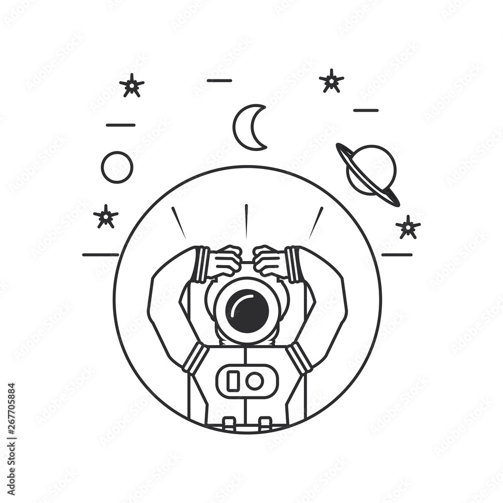 Poster astronaut suit in frame circular with set icons