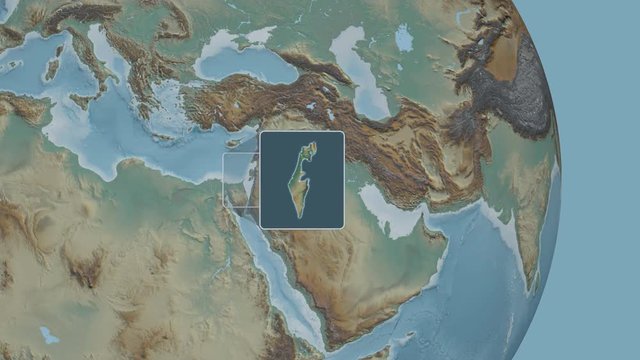 Israel area bounds outlined on the end cap of rectangular tube and animated against the spinning relief globe. Animation 3D