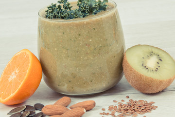 Freshly blended coctail from fruits and vegetables. Healthy dessert containing vitamins and minerals