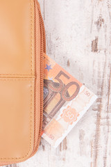 Currencies euro with leather wallet. Cash payment for shopping