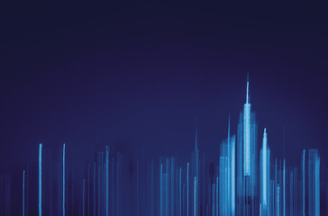 Abstract New York City skyline lights in blue streaked across an empty night sky - obrazy, fototapety, plakaty