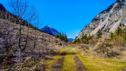 Dirt road in the Coast Mountains at the Duffey Lake Road near the town of Lillooet in British Columbia, Canada