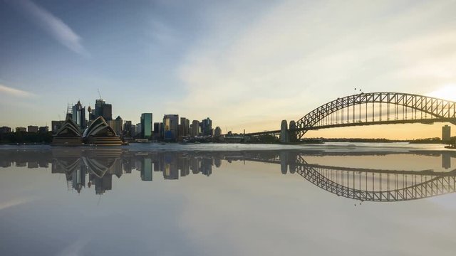 4k time lapse of sunset day to night at Sydney with reflection effect. Tilt down