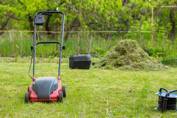 Electric lawn mower on the lawn on the background of mowed grass