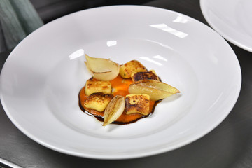 close up of a main dish with chicken, onions and cheese
