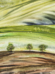 Abstract landscape with field and three trees in green tones. Watercolor painting.