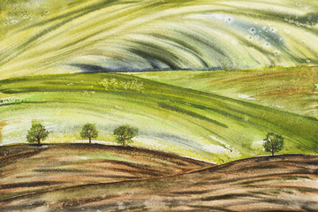 Abstract landscape with field and trees in green tones. Watercolor painting. - 267709408