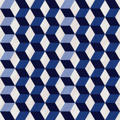 Seamless geometric 3d pattern with marble texture, hexagon pattern, blue and white pattern with cubes, vector illustration