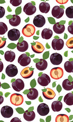 Naklejka na ściany i meble Fresh purple plum seamless pattern, slices, pits, leaves, core. Set of fruits. Vector illustration isolated on white background