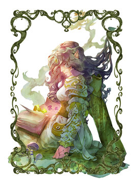 Original fantasy portrait illustration of a beautiful ethereal female elf with a magic book in curly frame