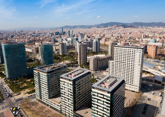 Barcelona, Spain - March 05, 2019: Modern high-rise buildings in the coastal residential areas of Diagonal Mar and Poblenou