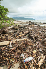 Pollution sur une plage du Costa Rica après de grosse pluies, les déchets qui étaient dans les rivières se retrouvent sur cette plage du pacifique. Santa Teresa, Costa Rica