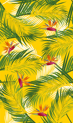 Fototapeta na wymiar Seamless pattern palm leaves with bird of paradise on yellow background