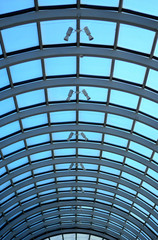 Perspective Glass roof skylight of long building Metalic glass roof of long building.