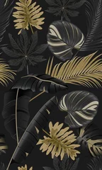 Wall murals Black and Gold Luxury seamless pattern with tropical leaves on dark background