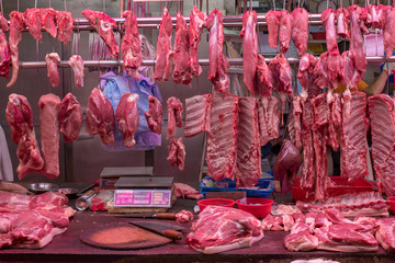 Fresh Pork and Meat on Butcher shop at Wan Chi Market in Hong Kong Island